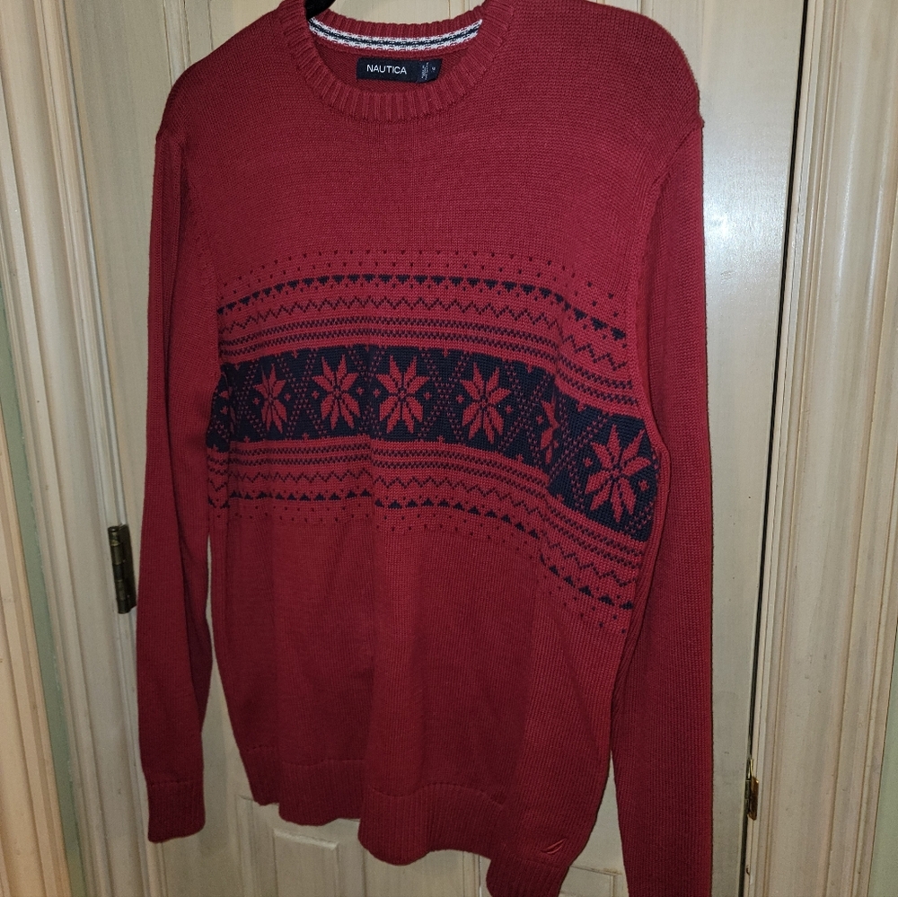 Mens Sz M Nautica Maroon And Navy Ski Snowflake Sweater